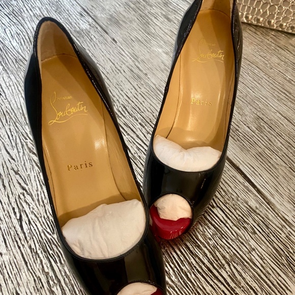 AUTHENTIC CHRISTIAN LOUBOUTIN NEW VERY PRIVE 120 BLACK PATENT HEELS OPEN TOE - Picture 8 of 16